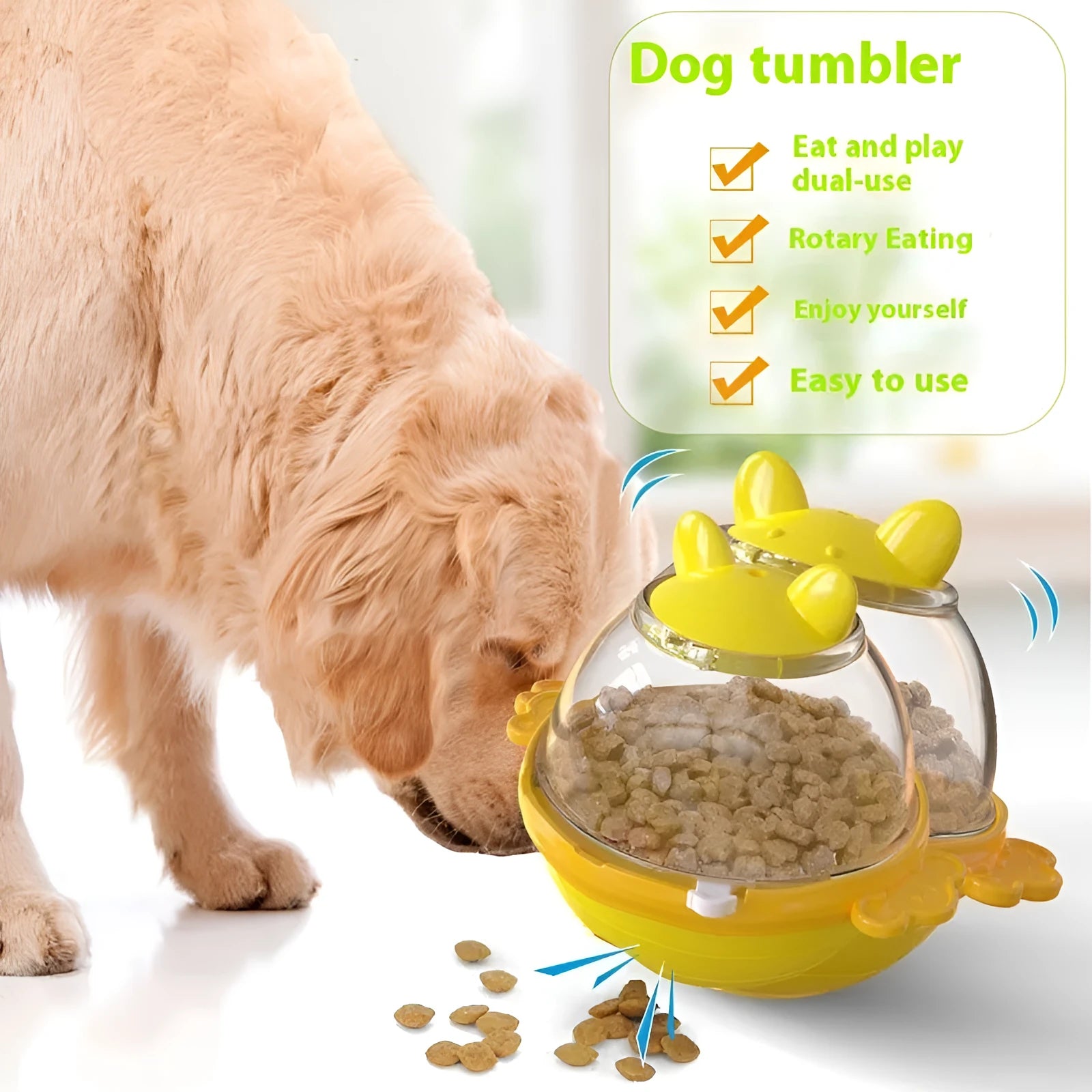 TPR dog puzzle feeder tumbler toy in blue and yellow colours, showing treat dispenser holes.
