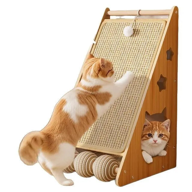 Vertical wall-mounted cat scratch board with sisal and hemp rope surface and a fixed cat teasing ball.