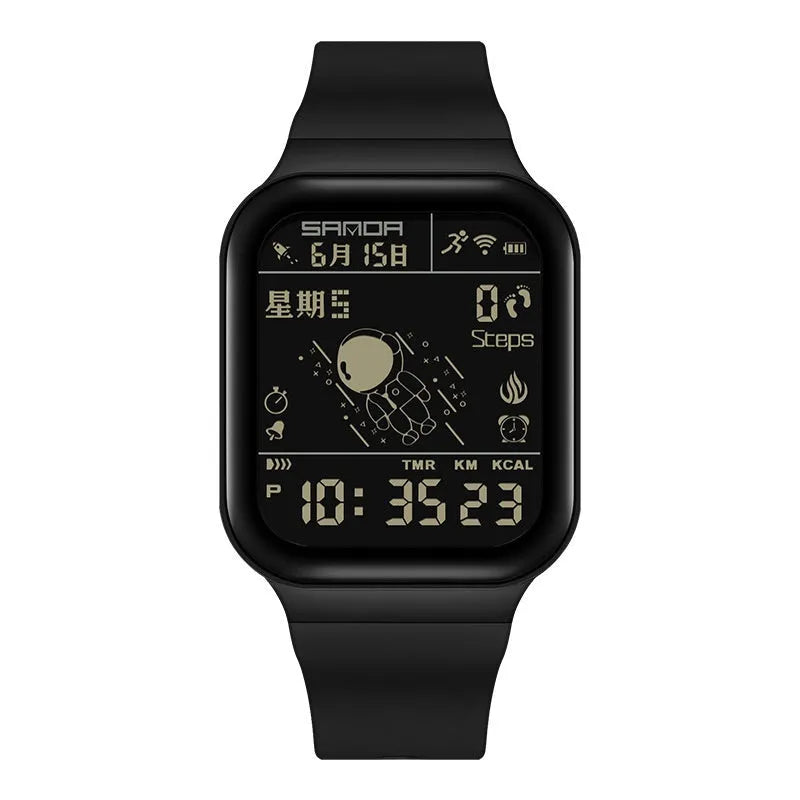 Outdoor sports waterproof step calorie electronic meter pedometer watch in All Black colour