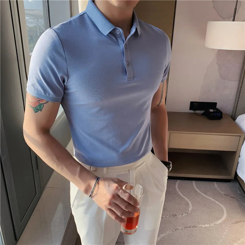 Korean tight fit solid colour polo shirt with lapels and short sleeves in cotton blend fabric