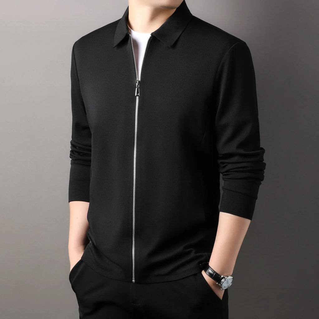 Men's polyester casual business jacket in apricot colour with straight hem and long sleeves.