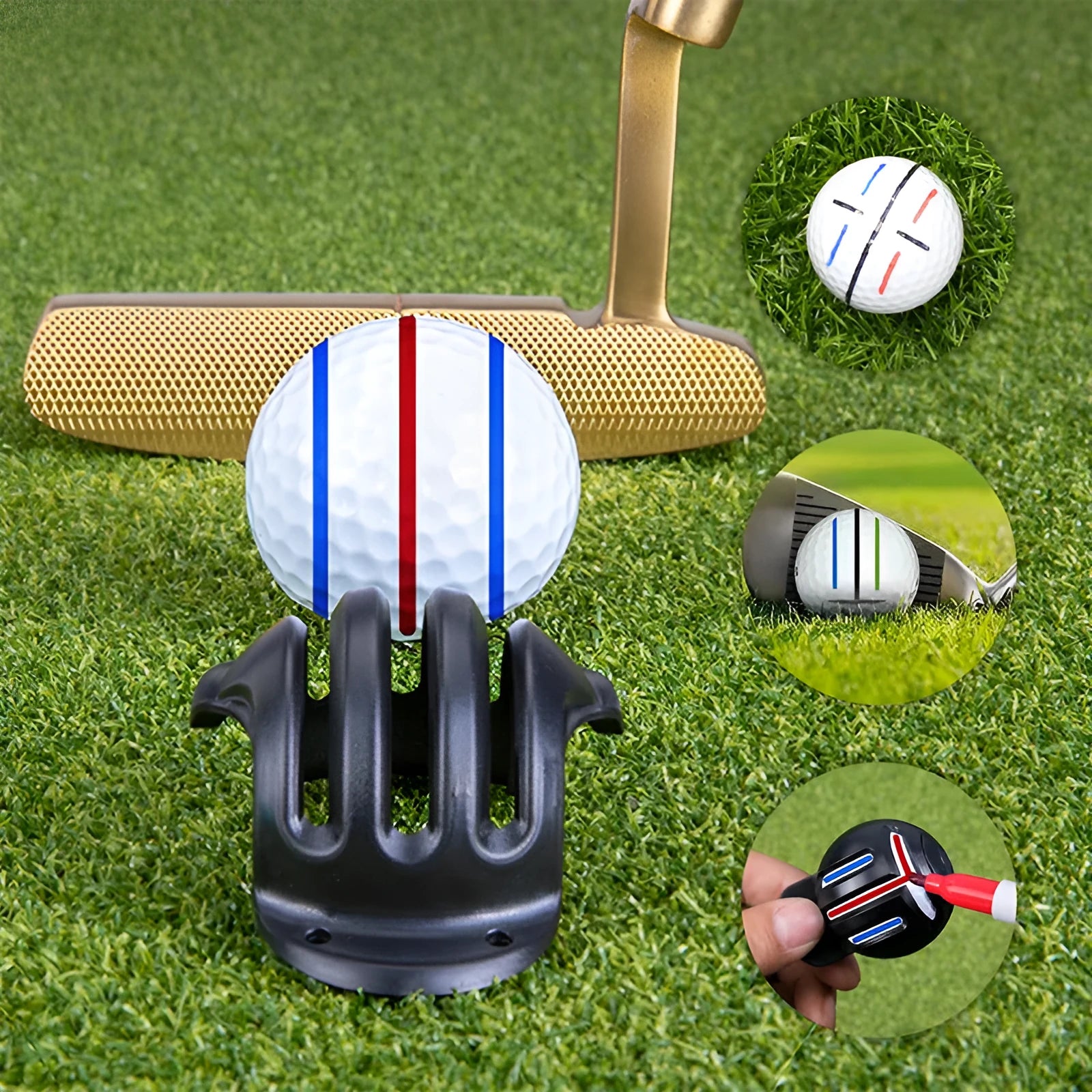 Close-up of a white golf ball with a black etched line next to a plastic golf scriber alignment tool with multiple tips.