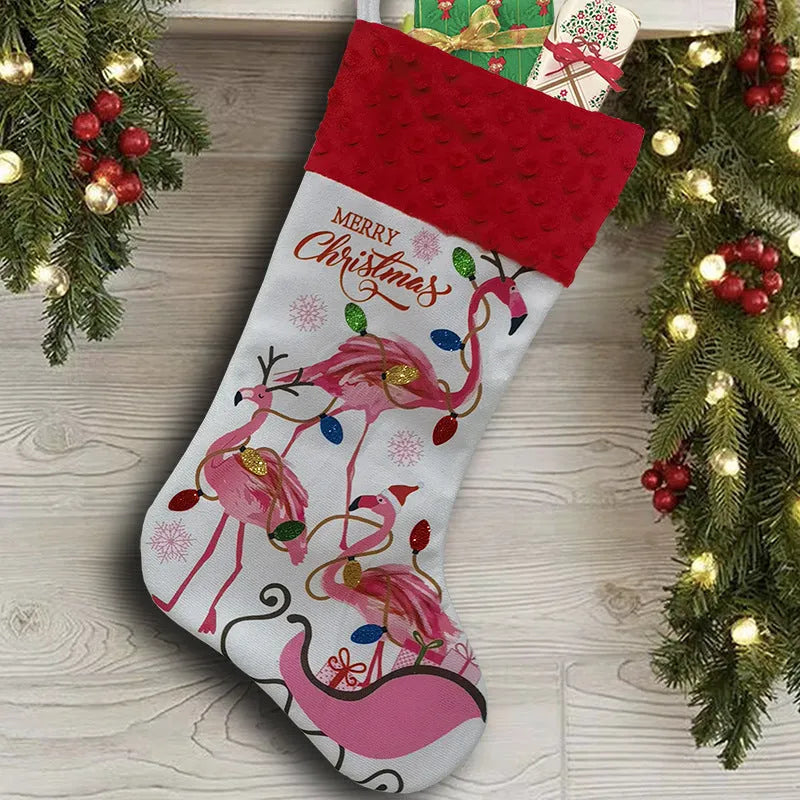 Large red flamingo-themed cloth Christmas stocking hanging for decoration