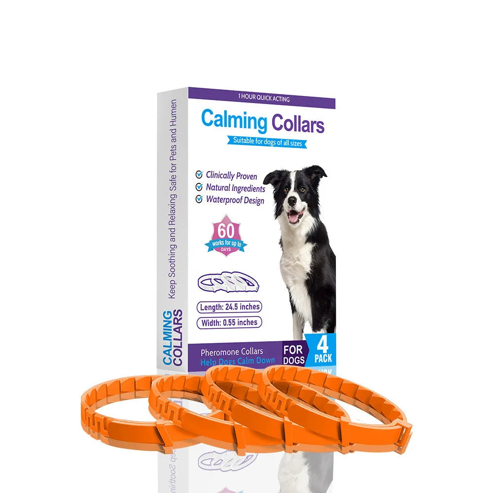 Four monochrome dog calming collars in assorted colours, adjustable up to 62cm for anxiety relief.