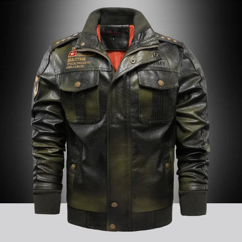 Men's short slim fit PU leather jacket with stand-up collar in brown, black or Army Green
