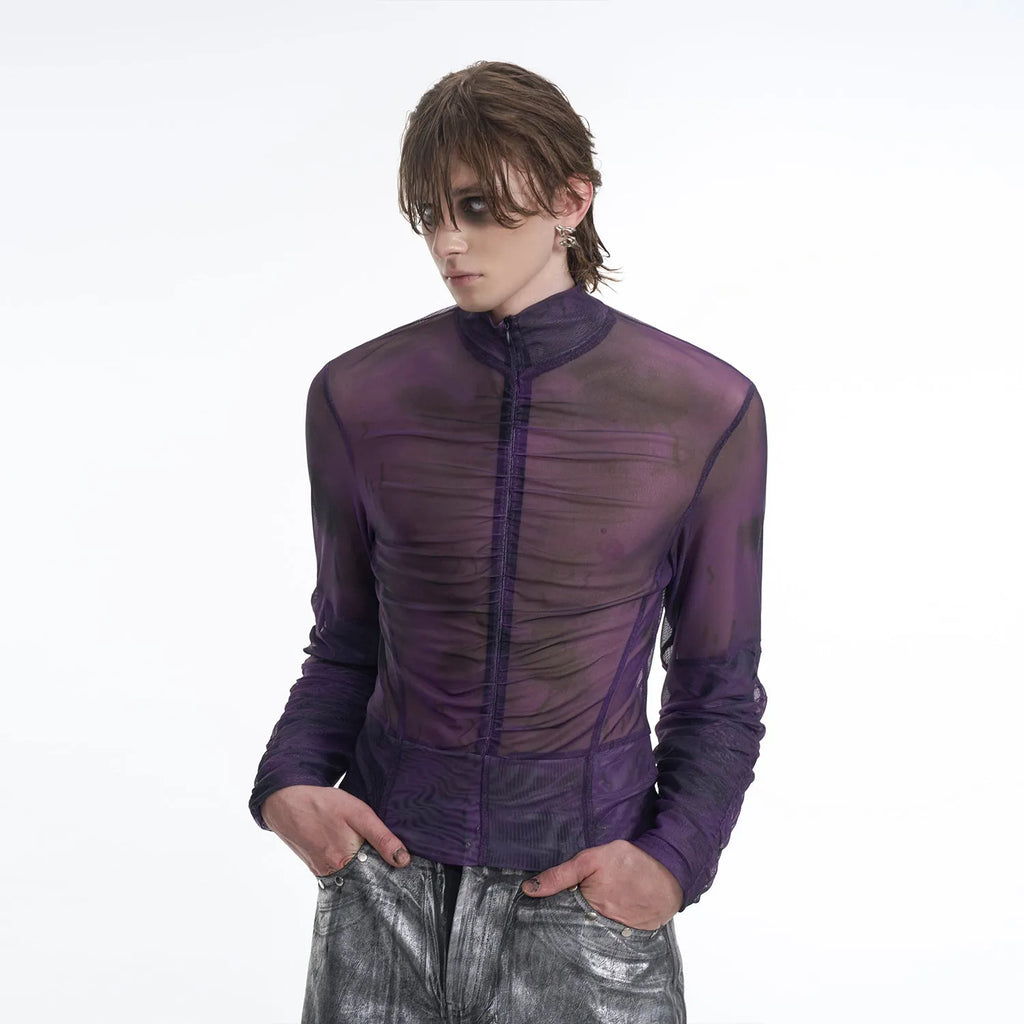 Men's half turtleneck mesh long-sleeved bottoming T-shirt with zipper, available in black red and black gray, sizes M to XXL.