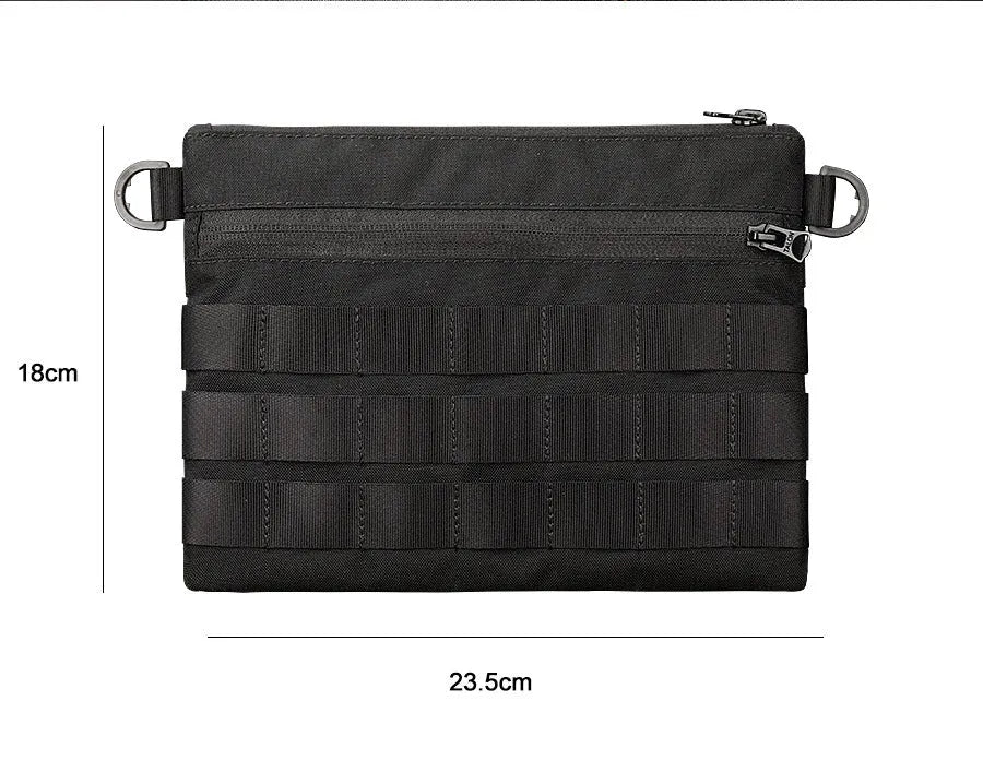 Black Oxford cloth military style outdoor carry bag measuring 18 by 3.5 centimetres