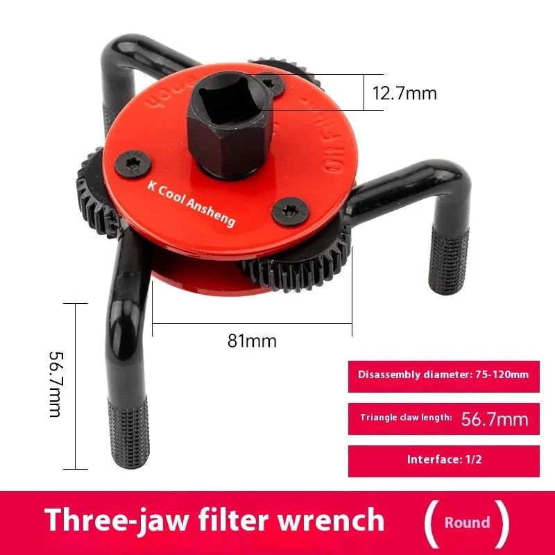 Three-claw filter wrench in chromium vanadium steel for oil filter disassembly and auto repair, 0.6KG, circle or flat model