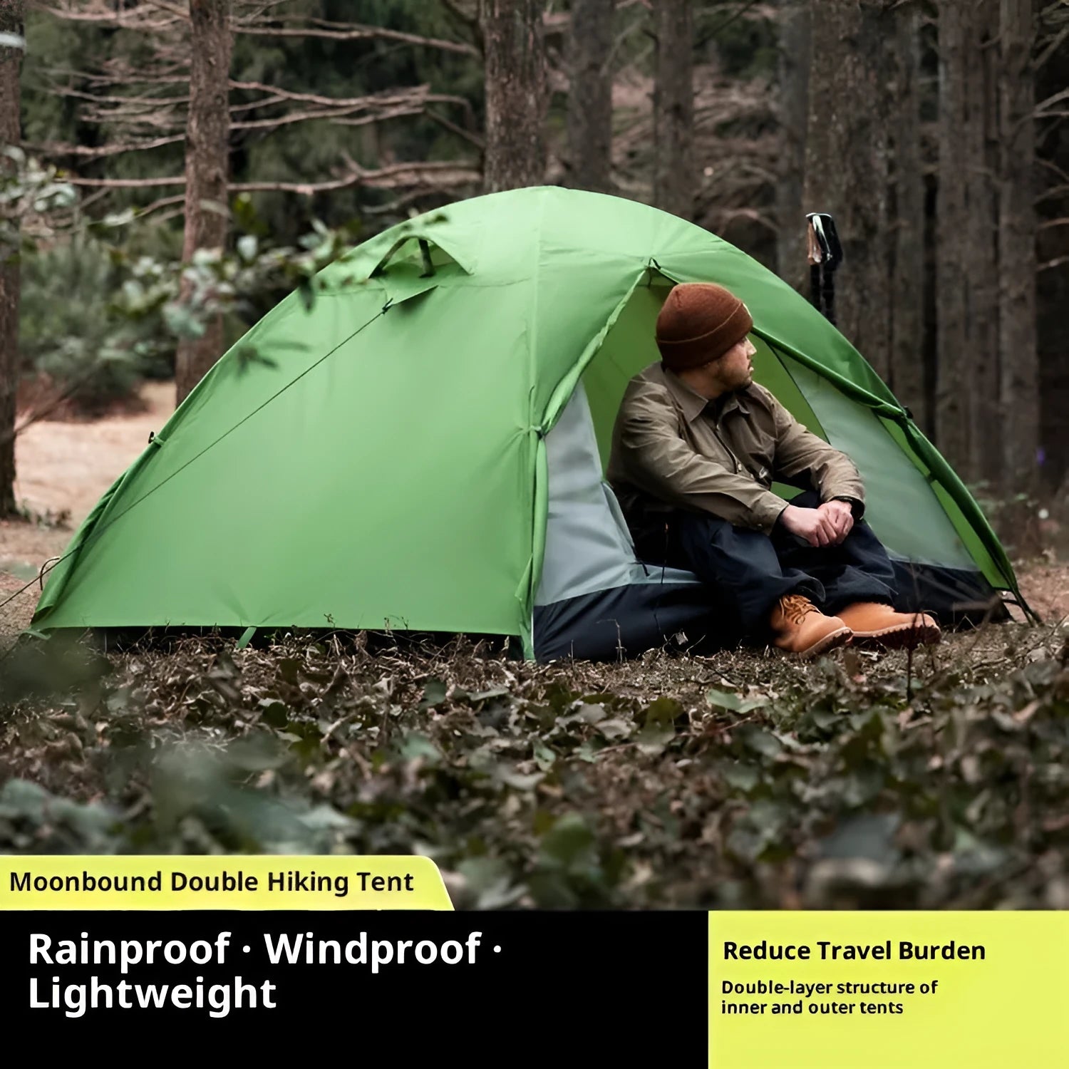 Portable lightweight hiking tent for 1-2 people with aluminium poles, field green colour, pitched outdoors