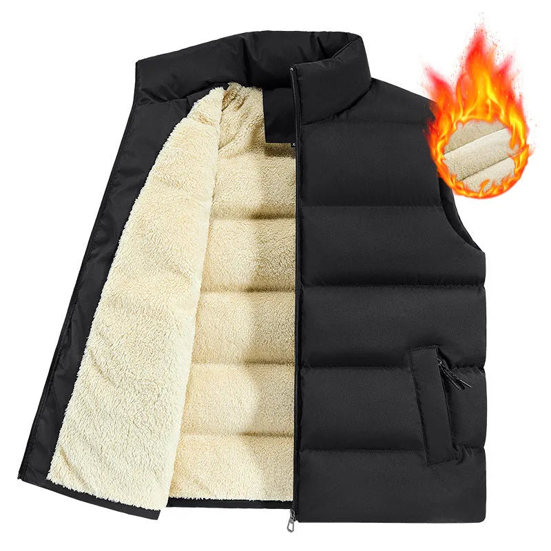Men's striped lambswool vest or waistcoat in black, dark blue, or red, available in sizes M to 5XL.
