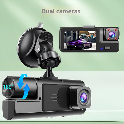 Wi-Fi enabled car dash cam with 2-inch screen on a windscreen, showing a rear-view reversing camera image.