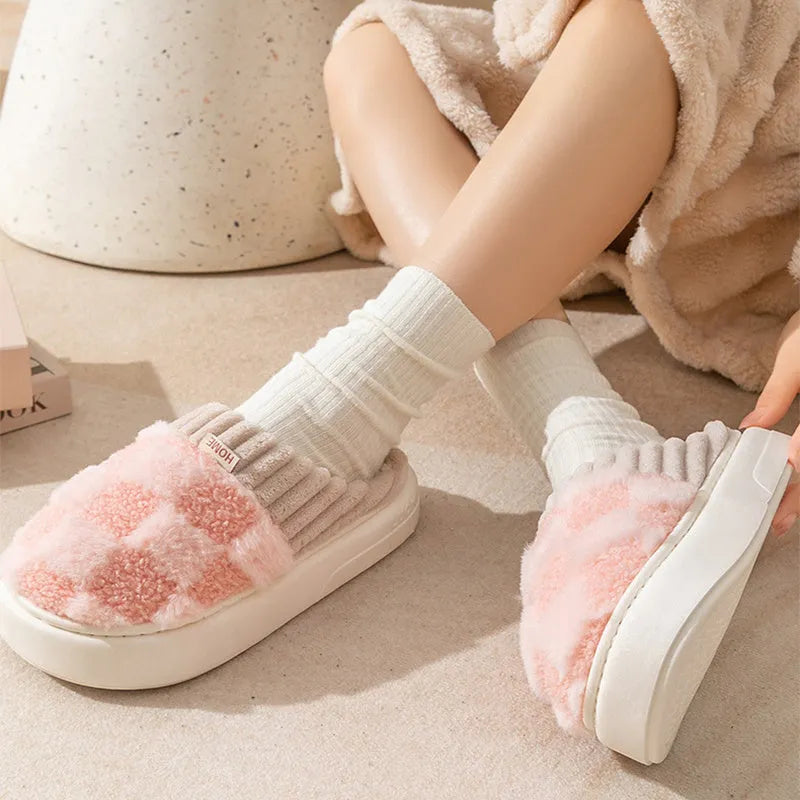 Women's plaid plush slippers with non-slip PVC sole, round toe, flat heel, in Coffee colour