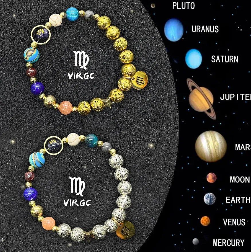 Two natural stone beaded bracelets for zodiac signs, showing 12 style options.