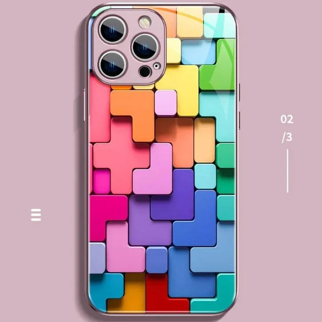 Silicone iPhone case with colourful geometric building block design in cartoon style