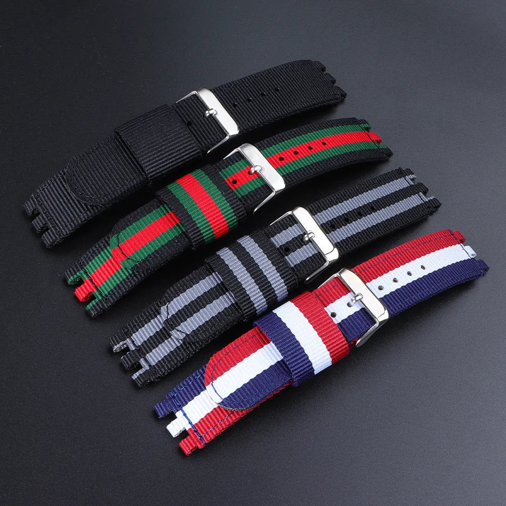 Nylon canvas watch strap in black with silver buckle, 20mm width, Business All-Match style
