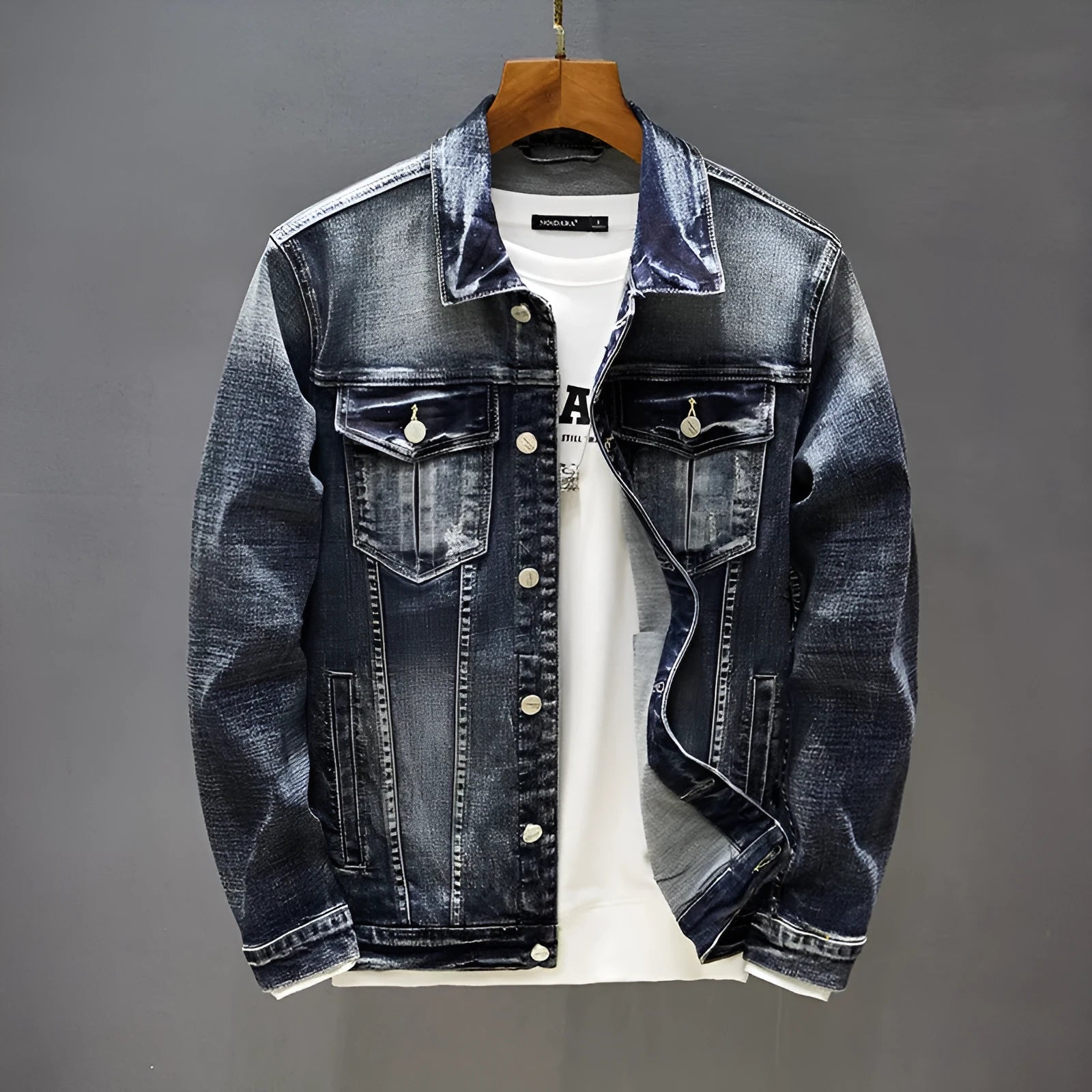 Men's blue cotton casual jacket front view full body