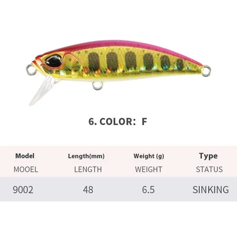 48mm mino fishing lure for snakehead and mandarin fish in various colours.