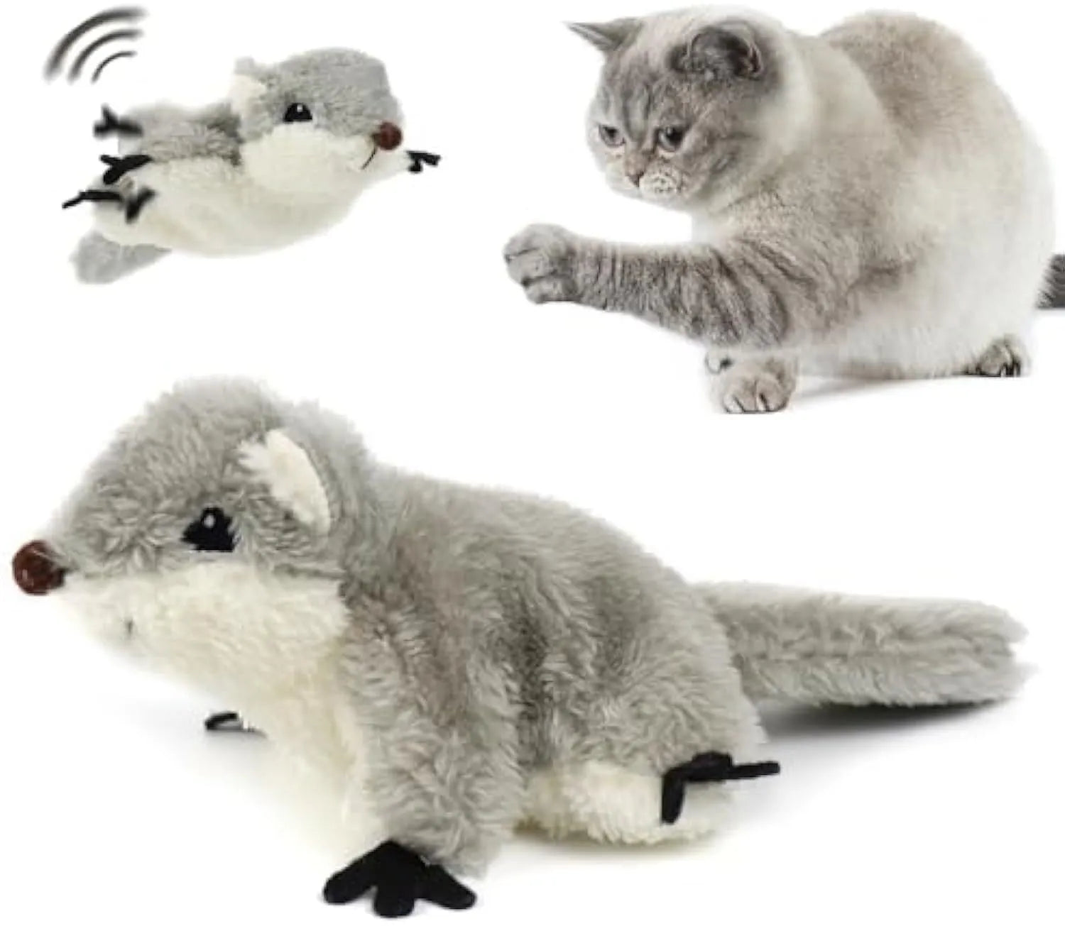 Gray flapping squirrel cat toy with USB charging cable and touch activation for interactive play
