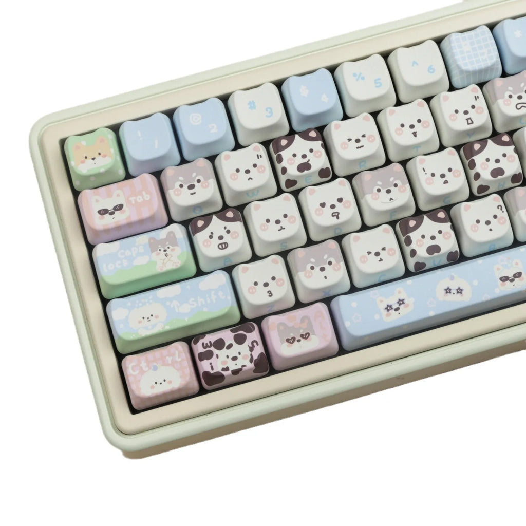 PBT sublimation keycap set with colourful puppy cat design for mechanical keyboard replacement