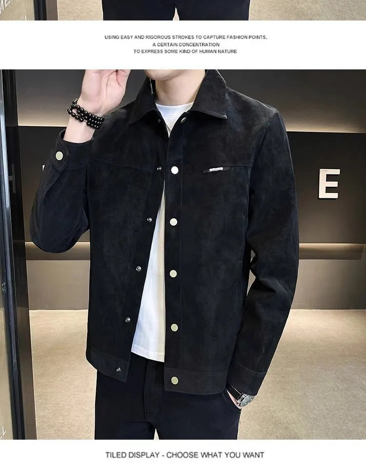 Suede lapel men's jacket in brown or black, thin polyester blend, long sleeve, regular fit, M-3XL.
