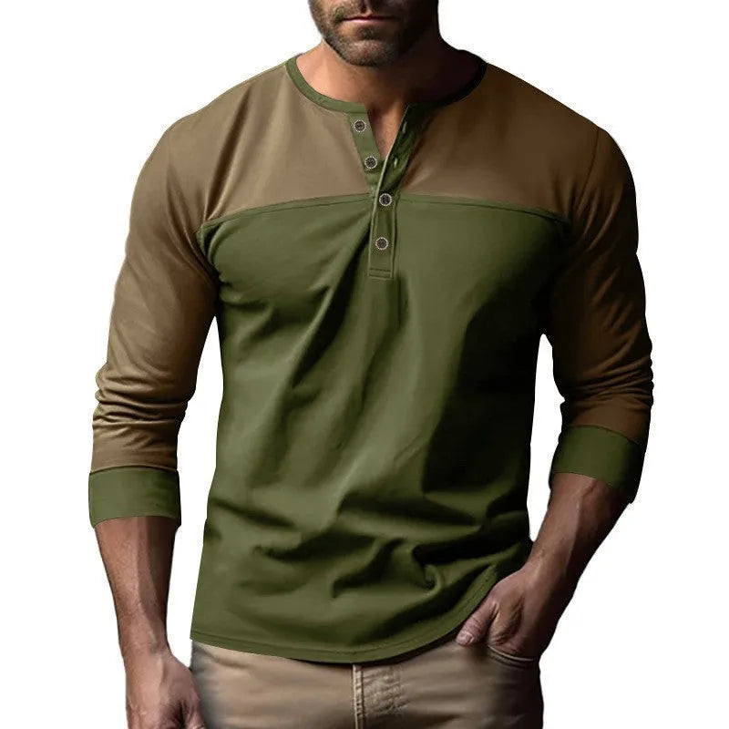 Man wearing a long-sleeve henley collar casual shirt in a solid colour with textured beaded twill fabric.