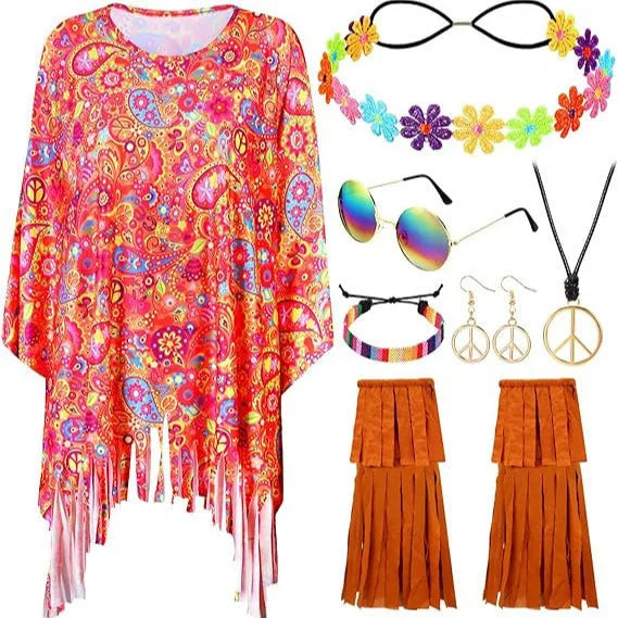 Colourful tie dye cloak costume with bell sleeves on a mannequin, showing pink and rainbow print on black spandex