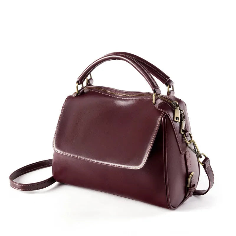 Women's genuine leather crossbody tote bag in cross square design with double straps and multiple compartments