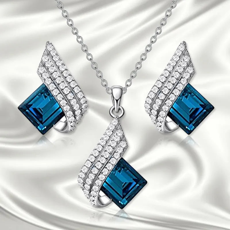 Women's electroplated alloy necklace and ear stud set with glass decoration pendant