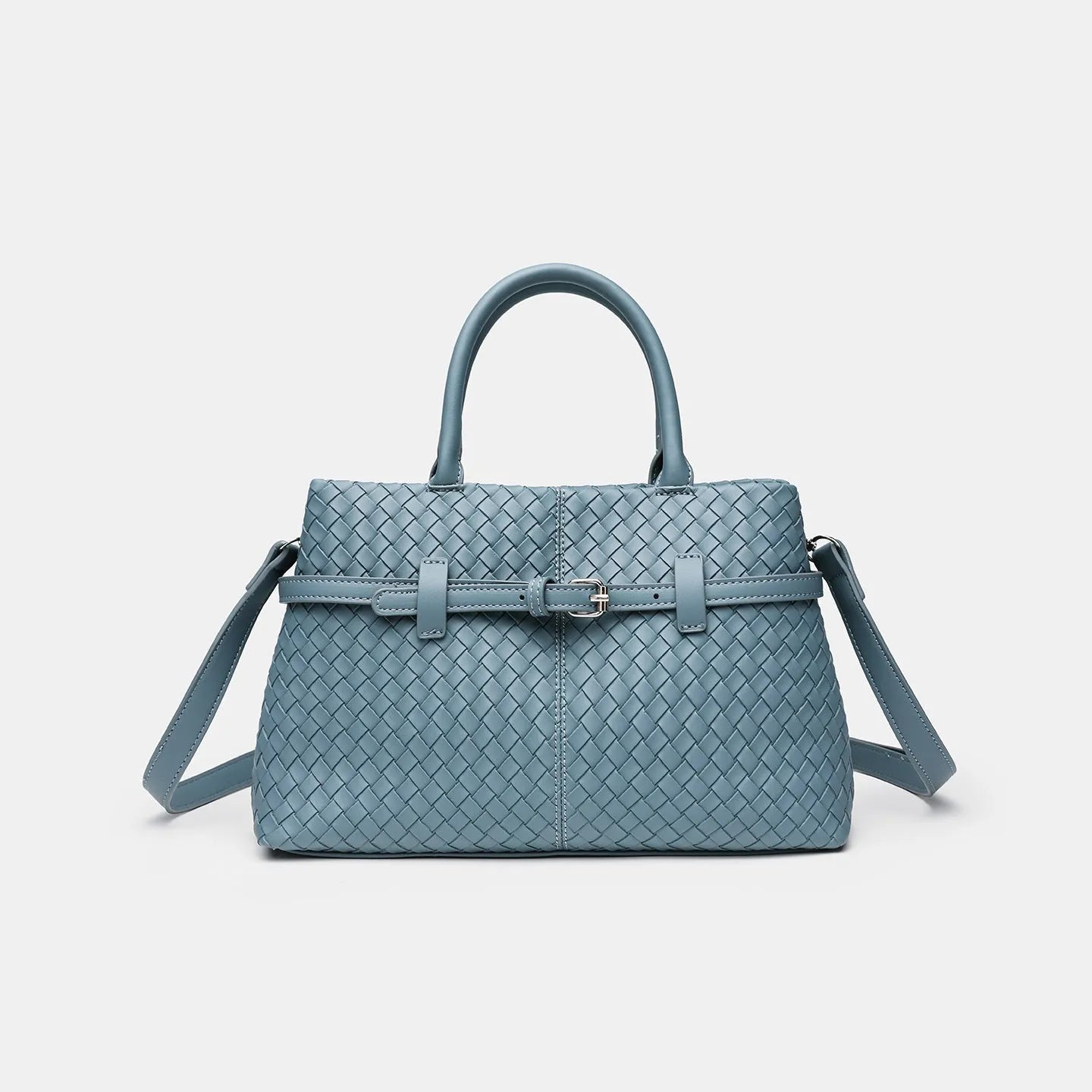 Simple commute large capacity woven pattern bag for women in beige, PU material, horizontal square shape with double shoulder straps