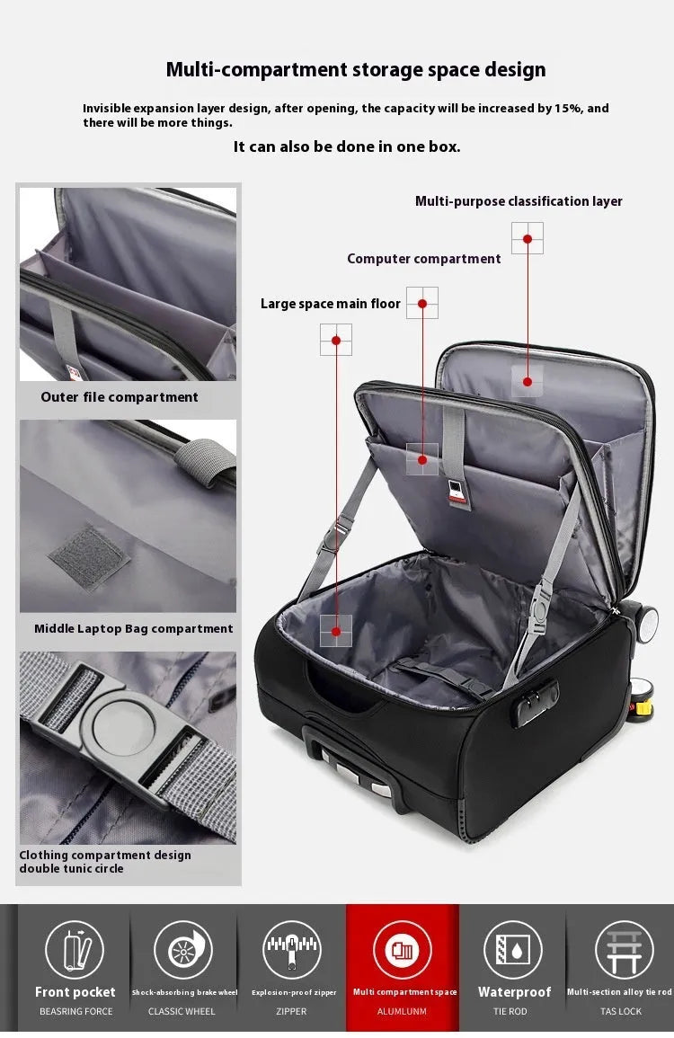 Black 18-inch Oxford cloth carry-on suitcase with retractable handle and four spinner wheels on airport floor.
