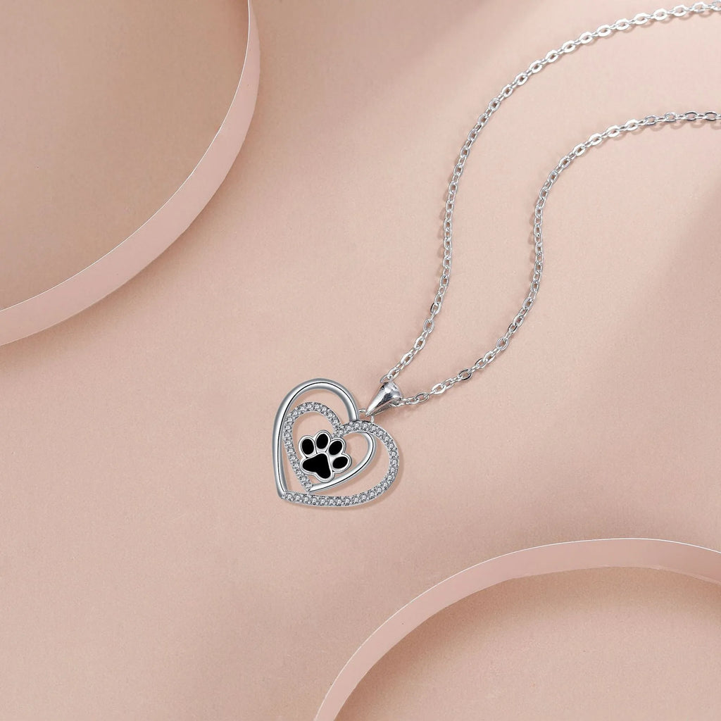 Women's dog paw print heart necklace with electroplated copper pendant and cross chain