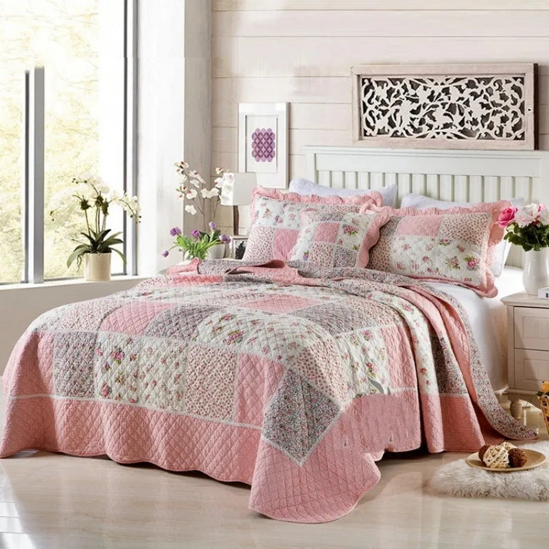 Washed pure cotton quilted bedspread set in Korean style, showing bed cover and two pillowcases.