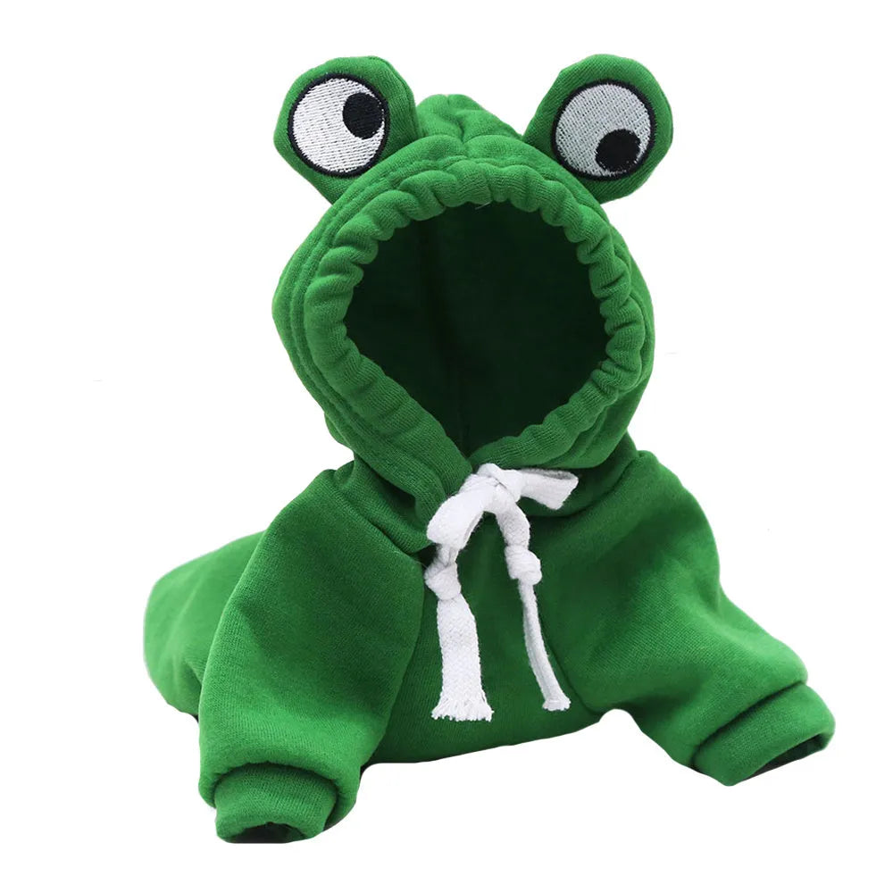 Green frog pattern pet hoodie for small dogs and cats with hood, showing chest girth measurement points