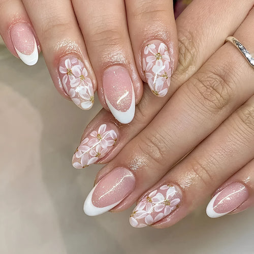 C625 short almond shaped false nails with French style glittering powder flower design