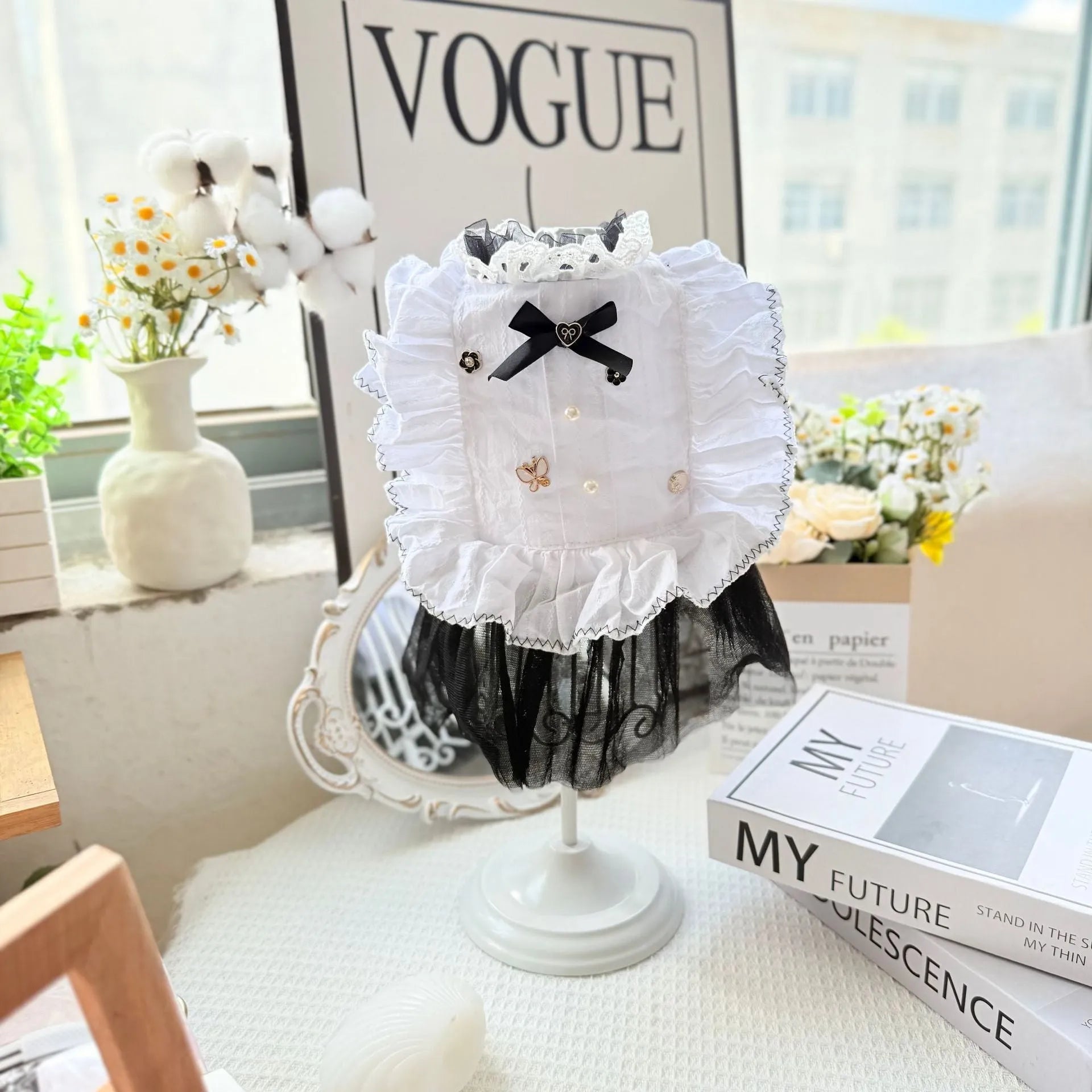 White yarn-textured gauze skirt for a small dog, shown in a princess-style fit on a pet.