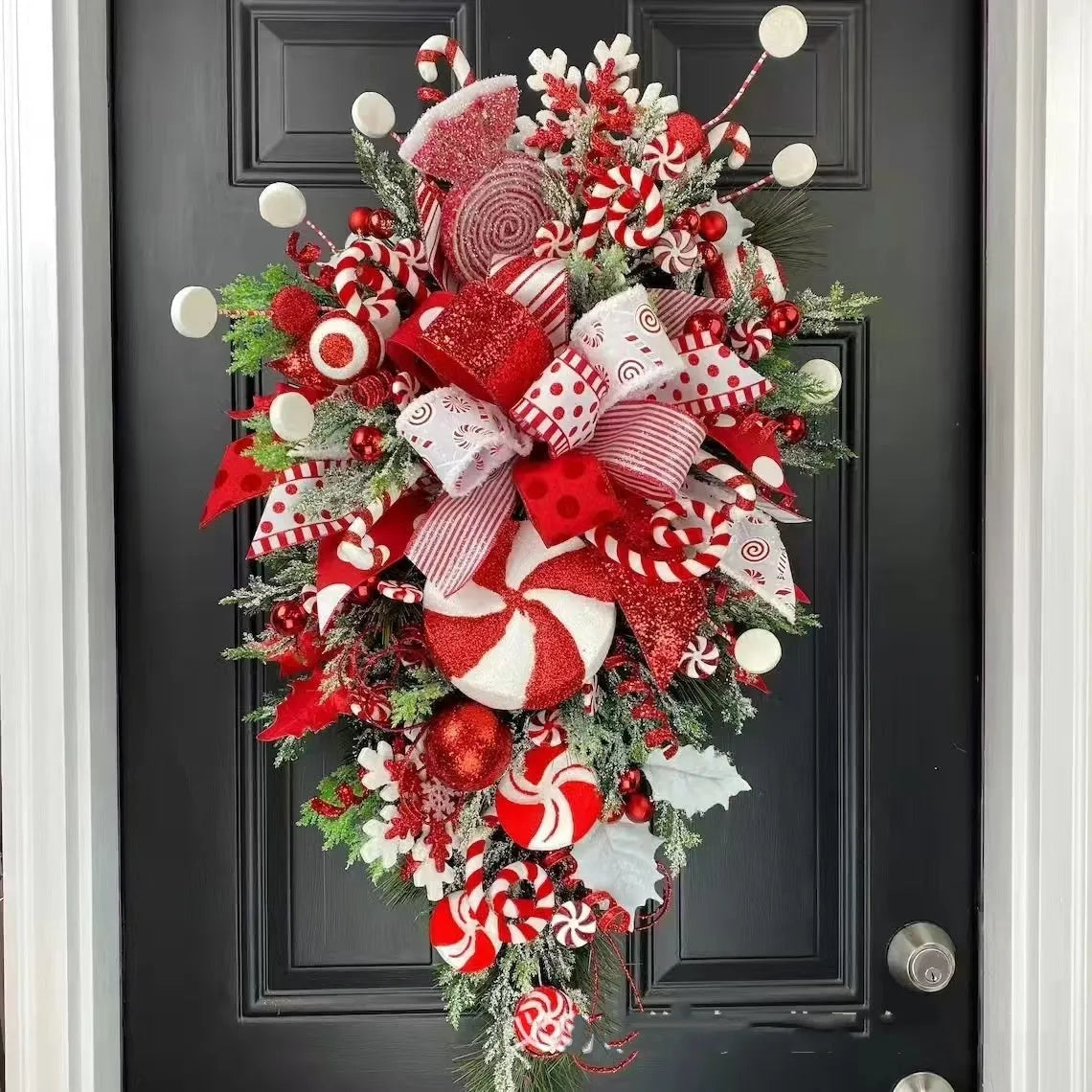 Artificial Christmas wreath with candy and upside-down tree design, 50cm or 60cm, yellow ribbon loops for hanging.