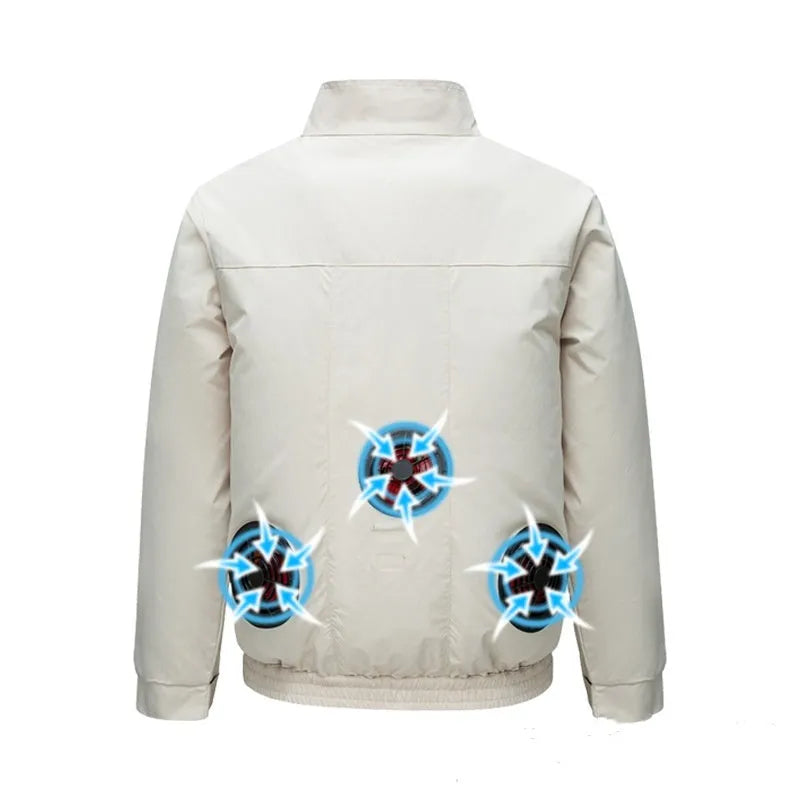 Men's black smart air conditioning jacket with ventilation holes for a portable fan, laid flat.