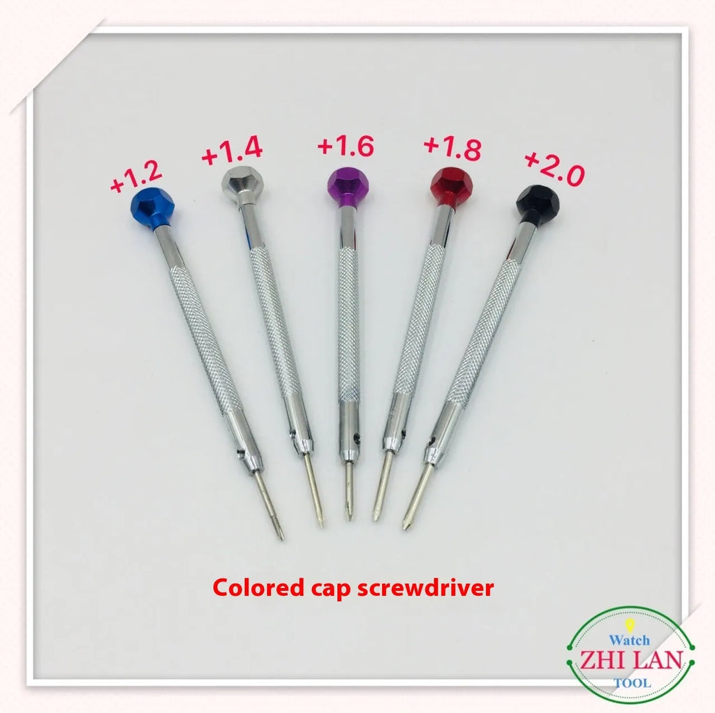 Six colour-coded watch repair screwdrivers with aluminium handles and copper grips for watch maintenance