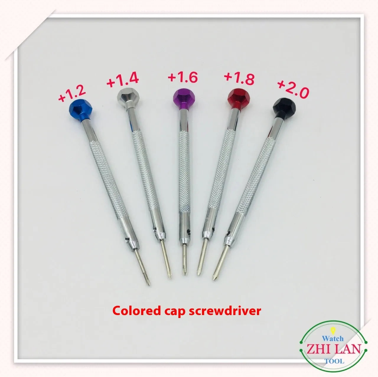 Six colour-coded watch repair screwdrivers with aluminium handles and copper grips for watch maintenance