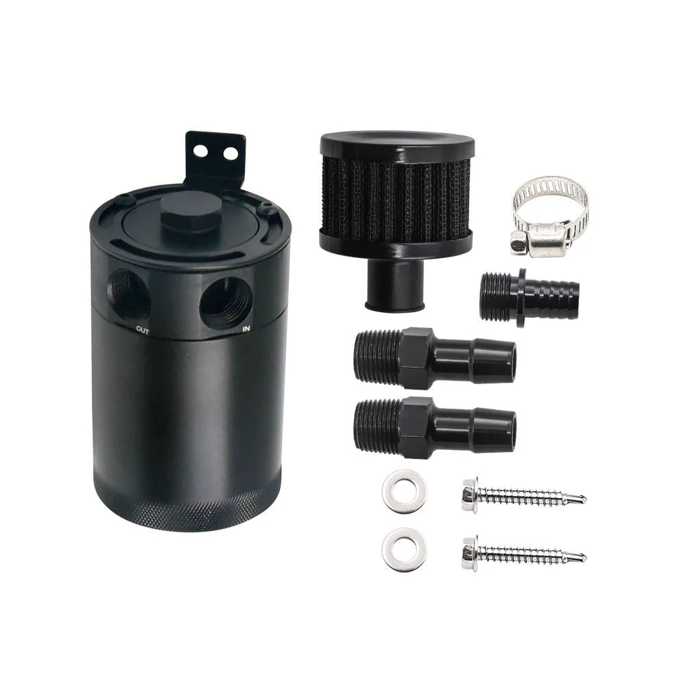 Aluminium automotive oil pot in black or silver with two-hole mounting and optional drain valve