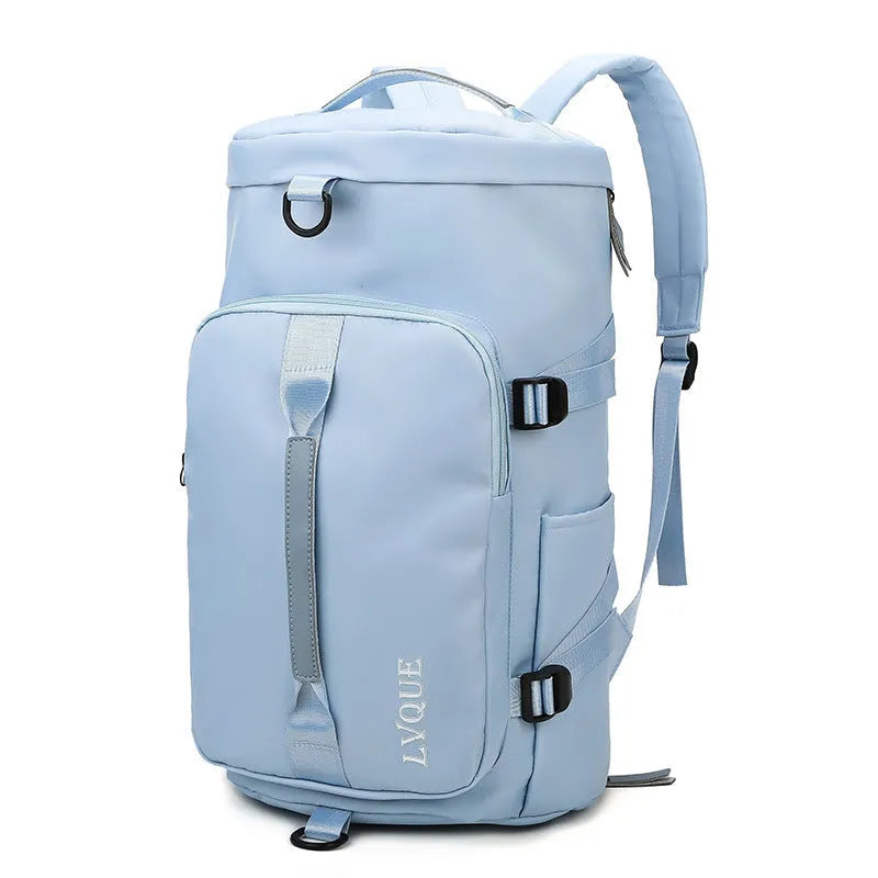 Waterproof nylon gym backpack showing shoe compartment, multiple pockets, and combination lock in blue colour