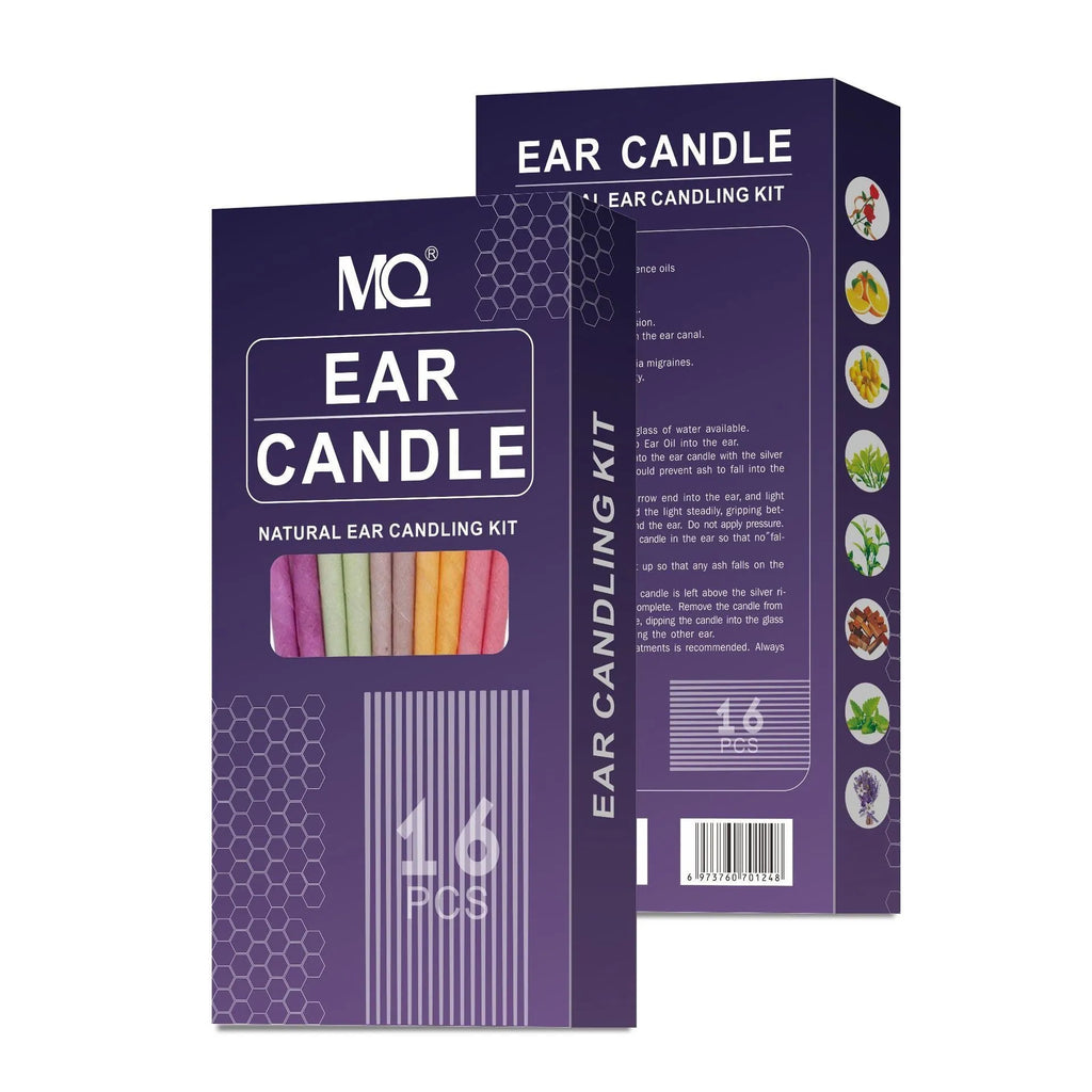 MQ horn colour ear candle set showing 16 candles, 8 protection boards and 16 cotton swabs in box