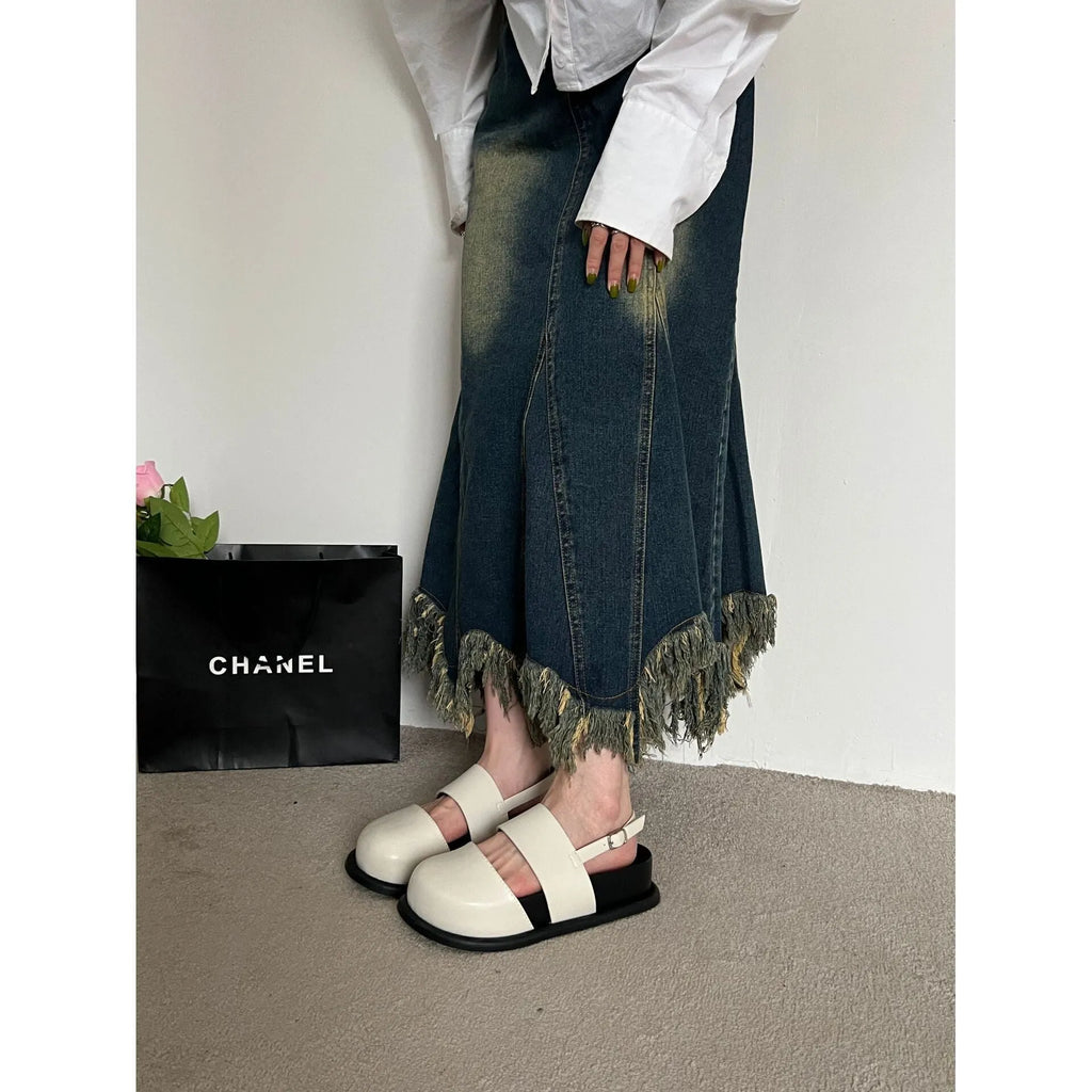 Women's retro Korean style sandals with an adjustable ankle buckle strap in black, brown, or apricot.