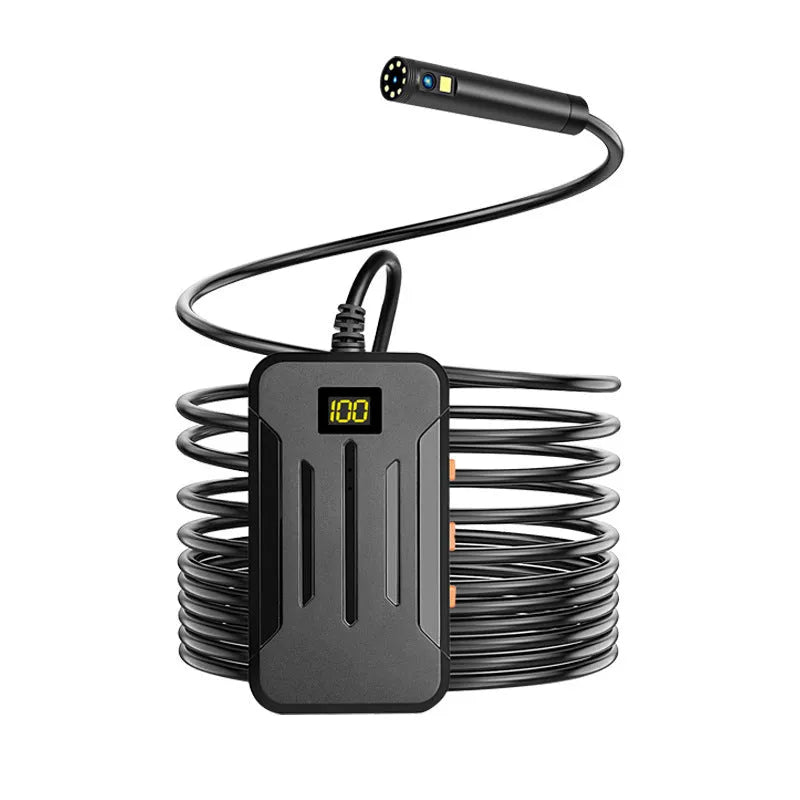 WiFi dual lens endoscope camera with 5.5mm and 8mm probes, magnet, and hook accessories on a table.