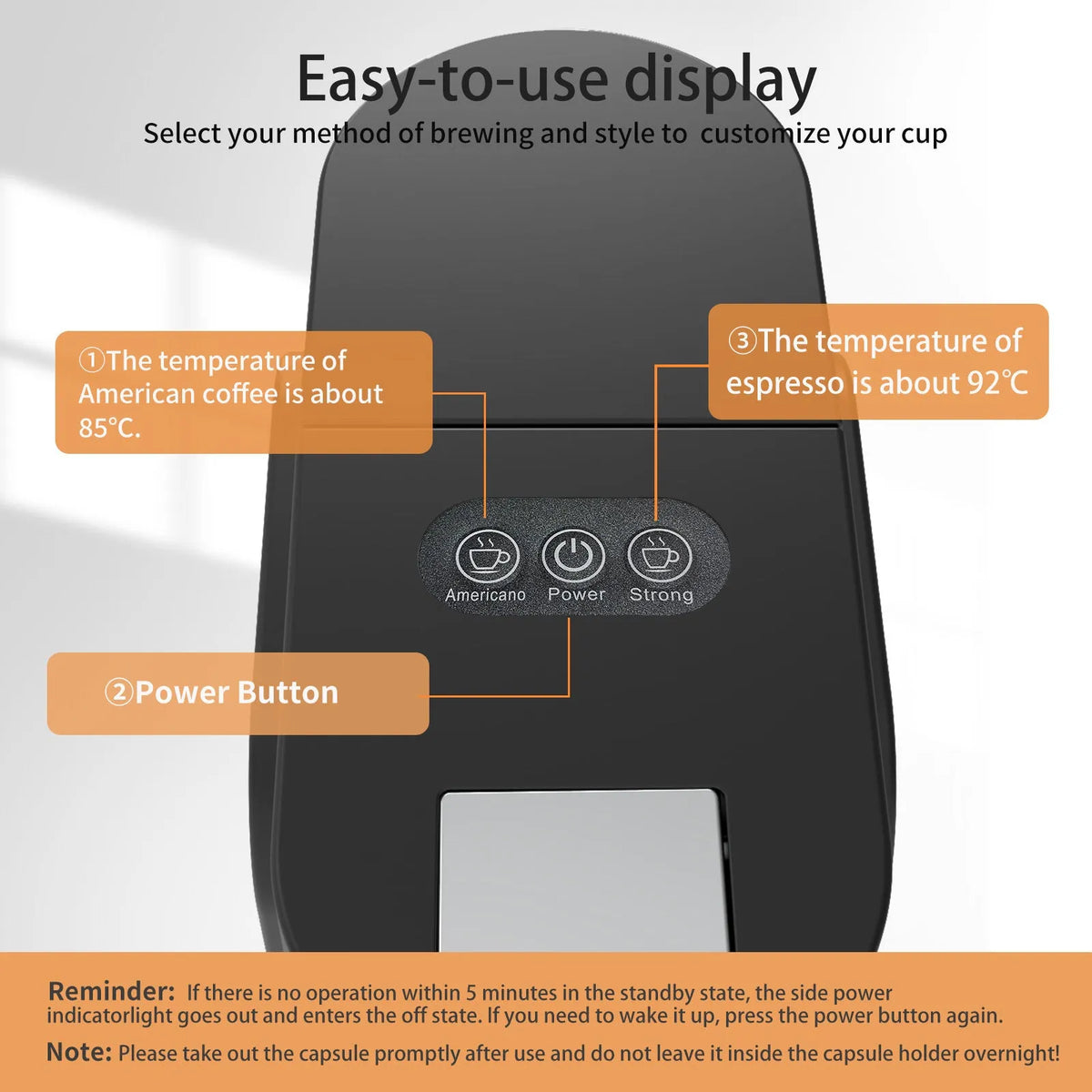 Black and white mini capsule coffee machine with transparent water tank and stainless steel drip tray on a kitchen counter