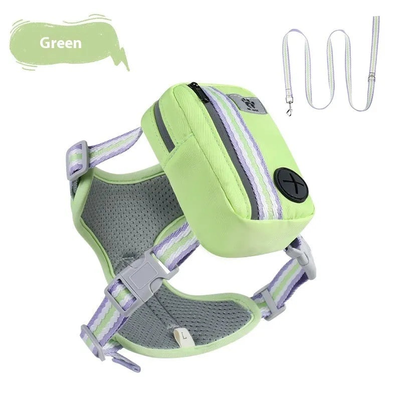 Pink explosion-proof anti-strangulation dog harness with quick-release buckle and attached lead on a dog.