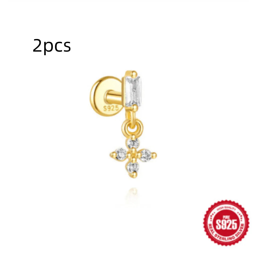 Geometric water drop shaped S925 sterling silver earrings with a flat spiral puncture back, in a gold electroplated finish.
