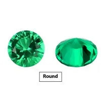Cultivated emerald gemstones in Columbia green colour showing round, oval and emerald cut examples