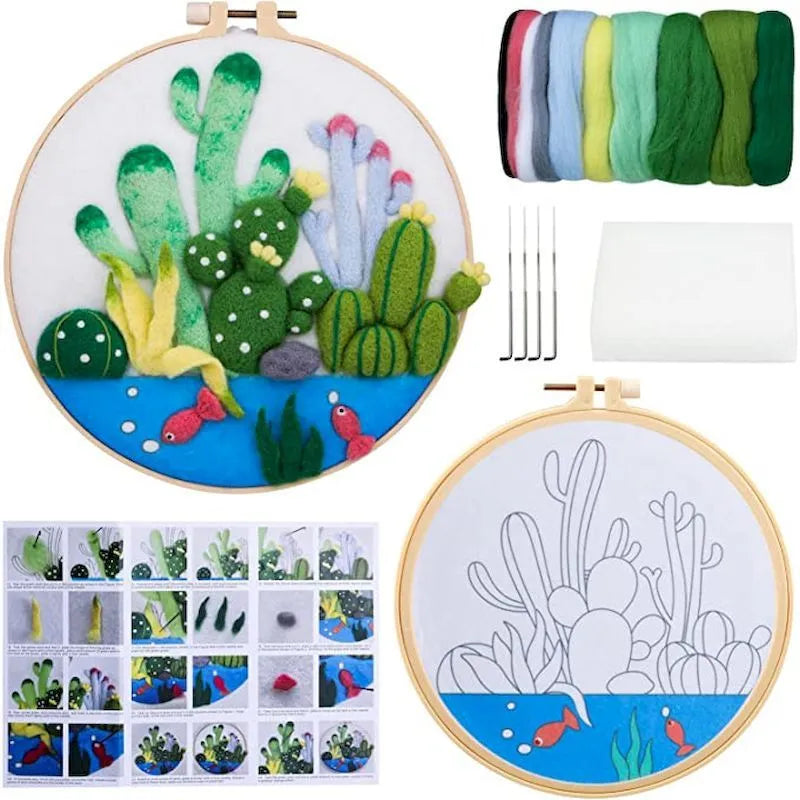 Round fabric embroidery kit with linen square, wool felt, and embroidery frame for handmade decorations.