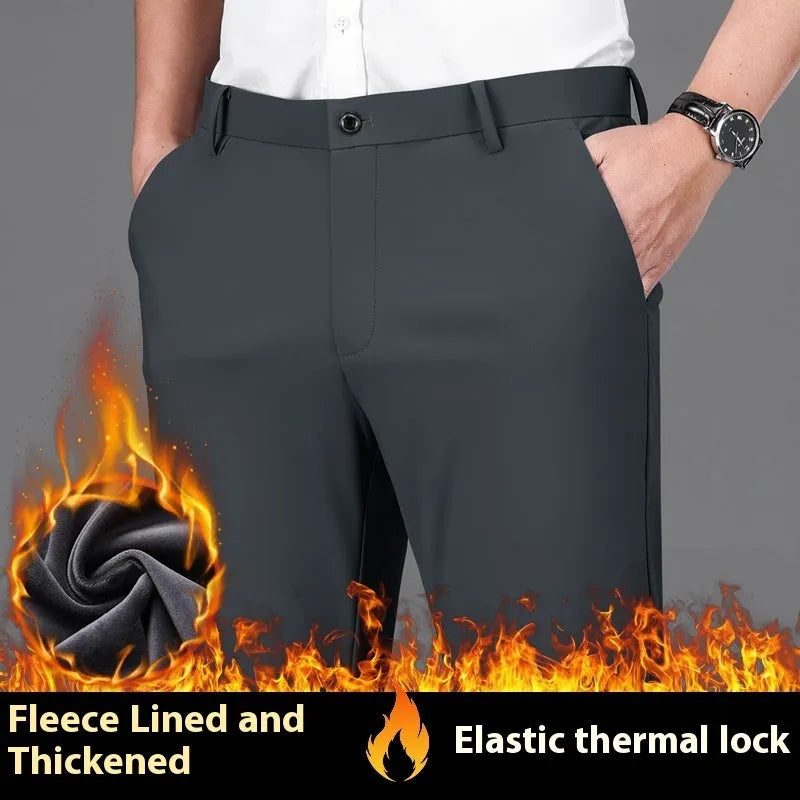 Fleece-lined men's straight leg trousers in black, side view showing draping effect
